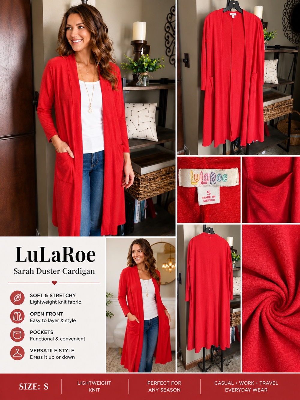 LuLaRoe | Sarah Duster Cardigan, Red Knit, Pockets, Open Front | Size S